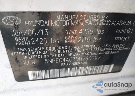 2013 Hyundai Sonata Se из США, поврежденный, VIN 5NPEC4AC3DH760297